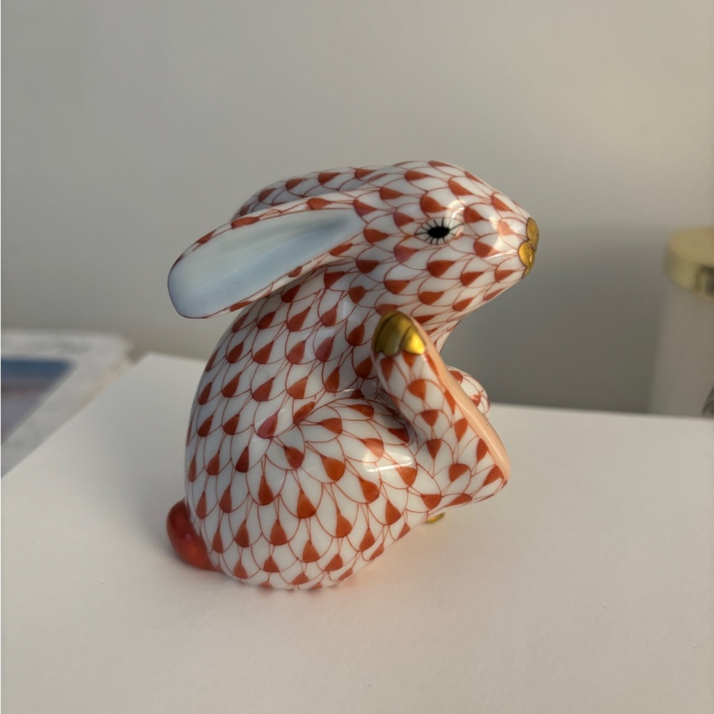 Herend Hungary Porcelain Rust Rabbit Figurine with Gold Accents